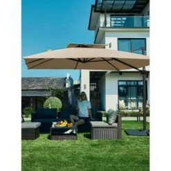12 Ft. X 12 Ft. Square Two-Tier Top Rotation Outdoor Cantilever Patio Umbrella With Cover In Beige -Jearey jearey cantilever umbrellas lk12fx beige 31 1000