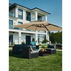 12 Ft. X 12 Ft. Square Two-Tier Top Rotation Outdoor Cantilever Patio Umbrella With Cover In Beige -Jearey jearey cantilever umbrellas lk12fx beige d4 1000