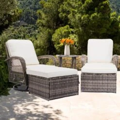 5-Piece White Patio Wicker Bistro Outdoor Conversation Set With Swivel Rocking Chairs, Side Table And 2 Ottomans