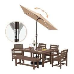 6.5 X 10 Ft. Market Solar LED Lighted Tilt Patio Umbrella Rectangular Outdoor Umbrella In Beige -Jearey jearey market umbrellas 6 5x10zzs dz be 77 1000