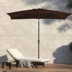 6.5 X 10 Ft. Market Solar LED Lighted Tilt Patio Umbrella Rectangular Outdoor Umbrella In Brown -Jearey jearey market umbrellas 6 5x10zzs dz brn 40 1000