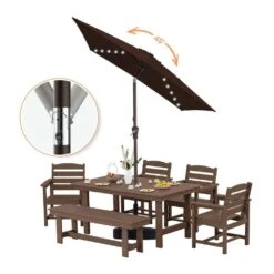 6.5 X 10 Ft. Market Solar LED Lighted Tilt Patio Umbrella Rectangular Outdoor Umbrella In Brown -Jearey jearey market umbrellas 6 5x10zzs dz brn 77 1000