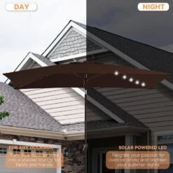 6.5 X 10 Ft. Market Solar LED Lighted Tilt Patio Umbrella Rectangular Outdoor Umbrella In Brown -Jearey jearey market umbrellas 6 5x10zzs dz brn a0 1000