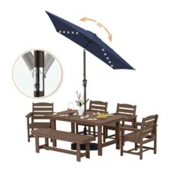 6.5 X 10 Ft. Market Solar LED Lighted Tilt Patio Umbrella Rectangular Outdoor Umbrella In Navy -Jearey jearey market umbrellas 6 5x10zzs dz nv 77 1000