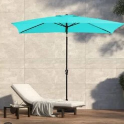 6.5 X 10 Ft. Market Solar LED Lighted Tilt Patio Umbrella Rectangular Outdoor Umbrella In Peacock Blue -Jearey jearey market umbrellas 6 5x10zzs dz pb 40 1000