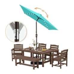 6.5 X 10 Ft. Market Solar LED Lighted Tilt Patio Umbrella Rectangular Outdoor Umbrella In Peacock Blue -Jearey jearey market umbrellas 6 5x10zzs dz pb 77 1000