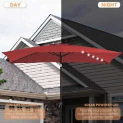6.5 X 10 Ft. Market Solar LED Lighted Tilt Patio Umbrella Rectangular Outdoor Umbrella In Red -Jearey jearey market umbrellas 6 5x10zzs dz rd a0 1000