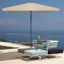 Front Page 17 6.5 Ft X 10 Ft. Rectangular Steel Market Crank And Tilt Outdoor Patio Umbrella In Tan