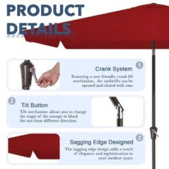 6.5 Ft. X 10 Ft. Rectangular Steel Market Crank And Tilt Outdoor Patio Umbrella In Red -Jearey jearey market umbrellas cb 6 5 10 rd c3 1000