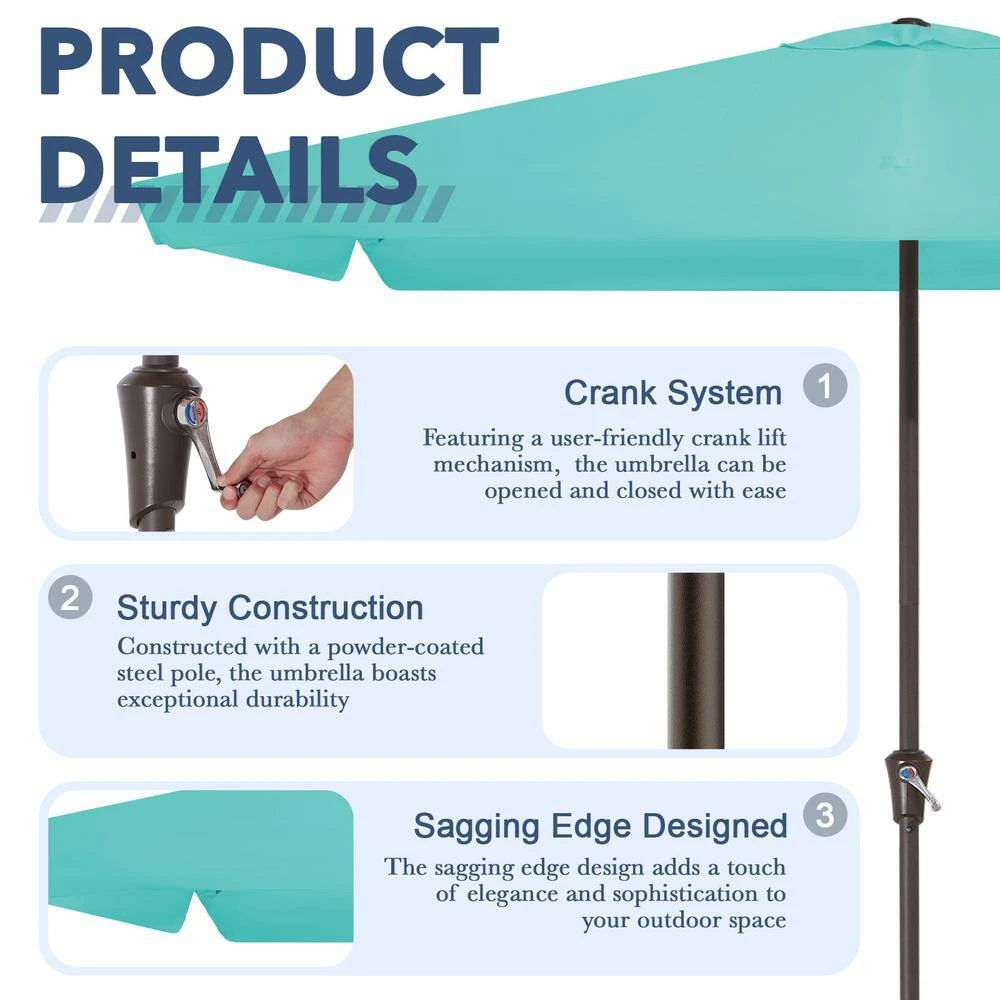 8 Ft X 10 Ft. Rectangular Steel Market Crank And Tilt Outdoor Patio Umbrella In Peacock Blue 5 8 Ft X 10 Ft. Rectangular Steel Market Crank And Tilt Outdoor Patio Umbrella In Peacock Blue - Image 5