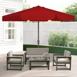 11 Ft. Steel Market Crank Outdoor Patio Umbrella In Red -Jearey jearey market umbrellas cbzzs 11 rd e1 1000