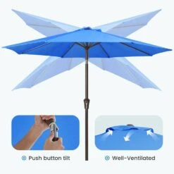 10 Ft. Market Patio Umbrella With Push Button Tilt And Crank In Blue -Jearey jearey market umbrellas cx10 blue 1f 1000