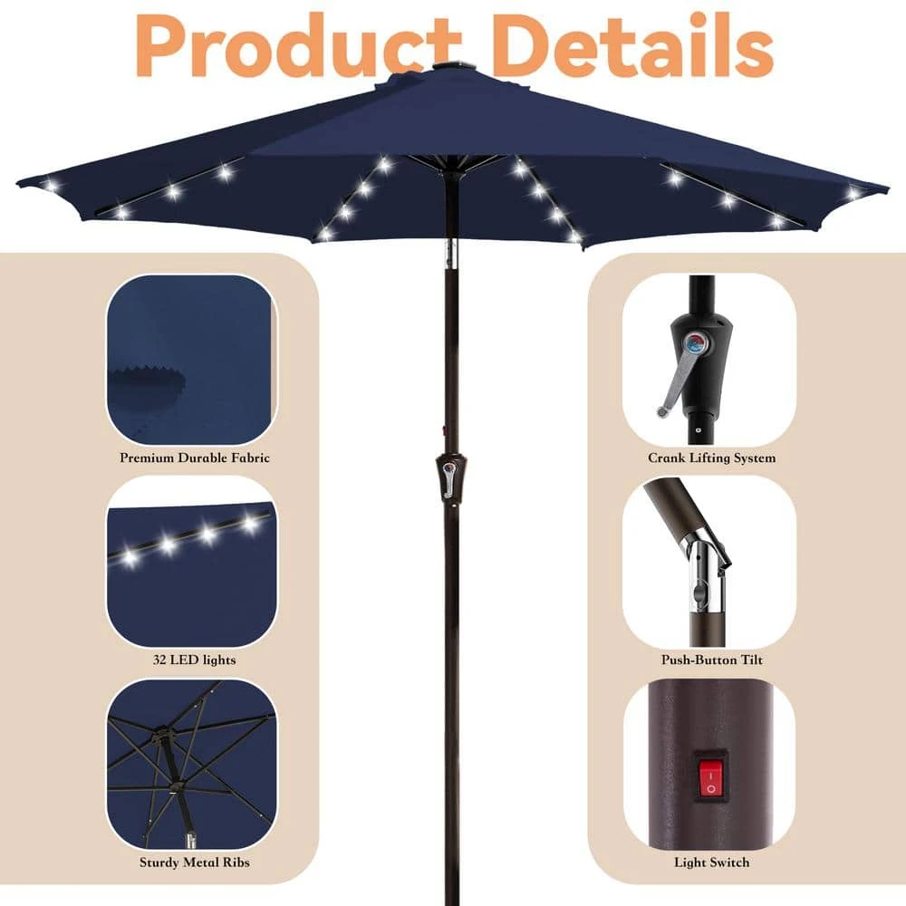 10 Ft. Market Solar LED Lighted Tilt Patio Umbrella Outdoor Steel Umbrella In Navy 5 10 Ft. Market Solar LED Lighted Tilt Patio Umbrella Outdoor Steel Umbrella In Navy - Image 5