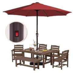 11 Ft. Market Solar LED Lighted Patio Umbrella Outdoor Steel Umbrella In Red -Jearey jearey market umbrellas dzzzs 11 rd 77 1000