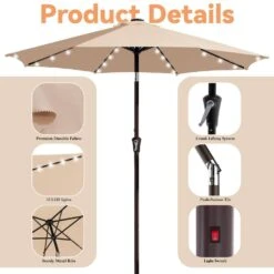 9 Ft. Market Solar LED Lighted Tilt Patio Umbrella Outdoor Steel Umbrella In Beige -Jearey jearey market umbrellas dzzzs 9 bg 4f 1000