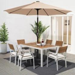 9 Ft. Market Solar LED Lighted Tilt Patio Umbrella Outdoor Steel Umbrella In Beige