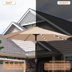 9 Ft. Market Solar LED Lighted Tilt Patio Umbrella Outdoor Steel Umbrella In Beige -Jearey jearey market umbrellas dzzzs 9 bg a0 1000