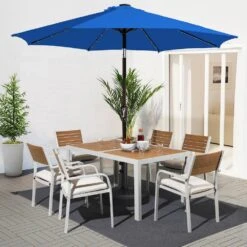 9 Ft. Market Solar LED Lighted Tilt Patio Umbrella Outdoor Steel Umbrella In Blue