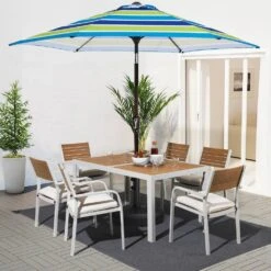 9 Ft. Market Solar LED Lighted Tilt Patio Umbrella Outdoor Steel Umbrella In Blue/Green
