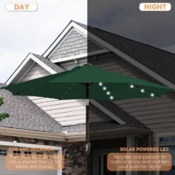9 Ft. Market Solar LED Lighted Tilt Patio Umbrella Outdoor Steel Umbrella In Dark Green -Jearey jearey market umbrellas dzzzs 9 dgn 77 1000