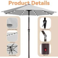 9 Ft. Market Solar LED Lighted Tilt Patio Umbrella Outdoor Steel Umbrella In Light Gray -Jearey jearey market umbrellas dzzzs 9 lgy 4f 1000