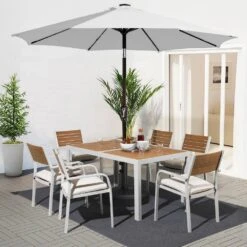 9 Ft. Market Solar LED Lighted Tilt Patio Umbrella Outdoor Steel Umbrella In Light Gray
