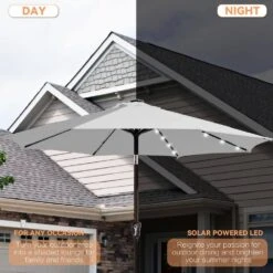 9 Ft. Market Solar LED Lighted Tilt Patio Umbrella Outdoor Steel Umbrella In Light Gray -Jearey jearey market umbrellas dzzzs 9 lgy 77 1000