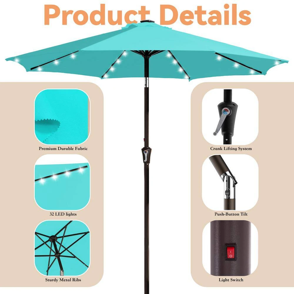 9 Ft. Market Solar LED Lighted Tilt Patio Umbrella Outdoor Steel Umbrella In Peacock Blue 6 9 Ft. Market Solar LED Lighted Tilt Patio Umbrella Outdoor Steel Umbrella In Peacock Blue - Image 6