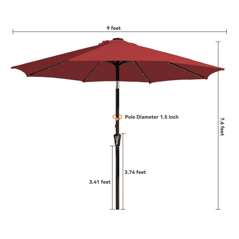 9 Ft. Market Solar LED Lighted Tilt Patio Umbrella Outdoor Steel Umbrella In Red 8 9 Ft. Market Solar LED Lighted Tilt Patio Umbrella Outdoor Steel Umbrella In Red - Image 8