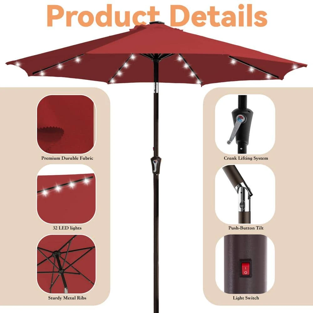 9 Ft. Market Solar LED Lighted Tilt Patio Umbrella Outdoor Steel Umbrella In Red 6 9 Ft. Market Solar LED Lighted Tilt Patio Umbrella Outdoor Steel Umbrella In Red - Image 6