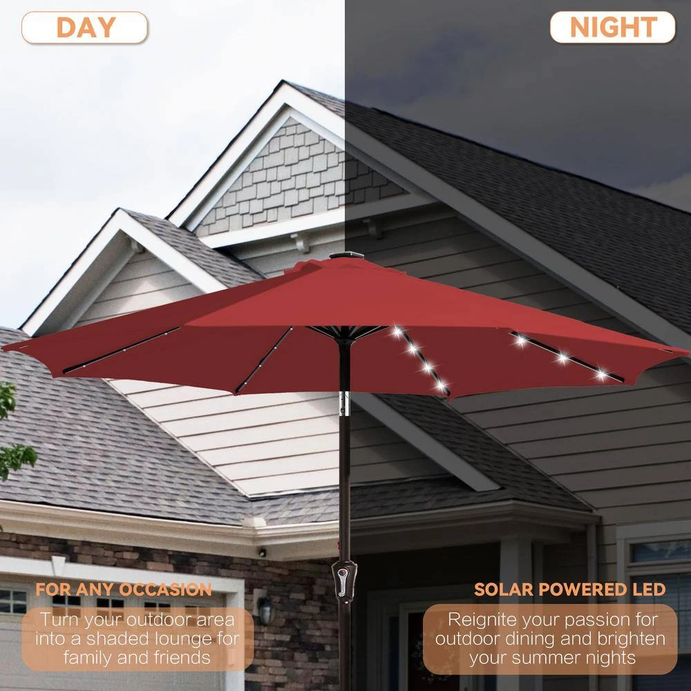 9 Ft. Market Solar LED Lighted Tilt Patio Umbrella Outdoor Steel Umbrella In Red 4 9 Ft. Market Solar LED Lighted Tilt Patio Umbrella Outdoor Steel Umbrella In Red - Image 4