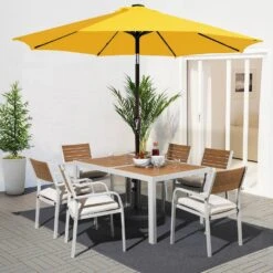 9 Ft. Market Solar LED Lighted Tilt Patio Umbrella Outdoor Steel Umbrella In Yellow