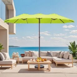 15 Ft. X 9 Ft. Large Market Patio Umbrella Steel Double-Side Outdoor Umbrella In Apple Green -Jearey jearey market umbrellas st 9 15 agn e1 1000