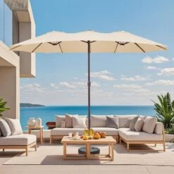 15 Ft. X 9 Ft. Large Market Patio Umbrella Steel Double-Side Outdoor Umbrella In Beige -Jearey jearey market umbrellas st 9 15 be e1 1000