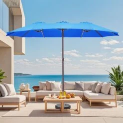 15 Ft. X 9 Ft. Large Market Patio Umbrella Steel Double-Side Outdoor Umbrella In Blue -Jearey jearey market umbrellas st 9 15 bu e1 1000