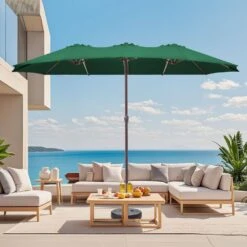 15 Ft. X 9 Ft. Large Market Patio Umbrella Steel Double-Side Outdoor Umbrella In Dark Green -Jearey jearey market umbrellas st 9 15 dgn e1 1000