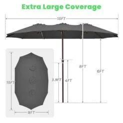 15 Ft. X 9 Ft. Large Market Patio Umbrella Steel Double-Side Outdoor Umbrella In Gray -Jearey jearey market umbrellas st 9 15 gy 1f 1000