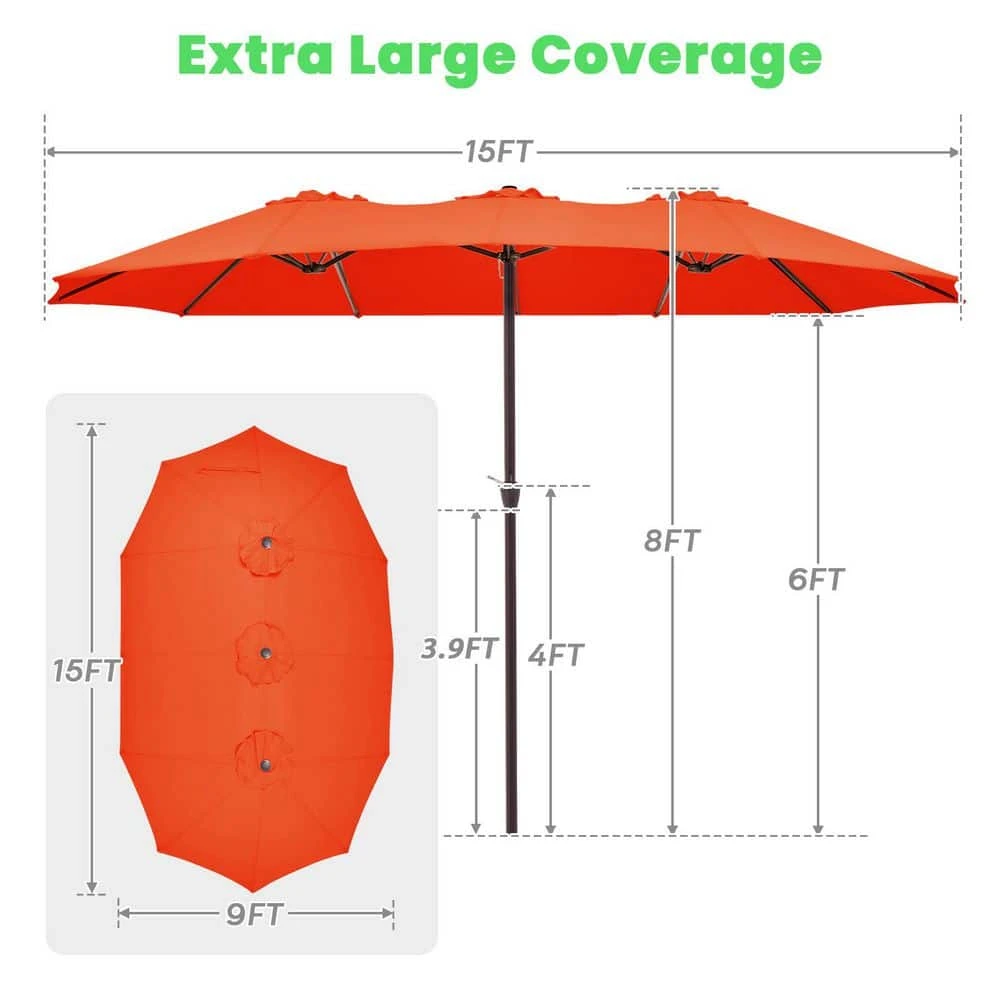 15 Ft. X 9 Ft. Large Market Patio Umbrella Steel Double-Side Outdoor Umbrella In Pumpkin 6 15 Ft. X 9 Ft. Large Market Patio Umbrella Steel Double-Side Outdoor Umbrella In Pumpkin - Image 6
