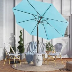 9 Ft. Outdoor Market Patio Umbrella With Hand Crank Lift In Light Blue