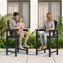 Black HDPE Outdoor Weather-Resistant Bistro Set Bar Stool With Double-Layer Tray And Umbrella Hole (2-Pack) -Jearey jearey outdoor bar stools scltqwgby bk 31 1000