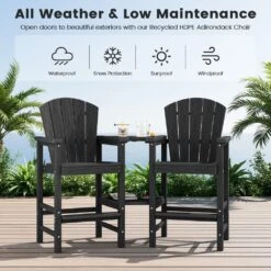 Black HDPE Outdoor Weather-Resistant Bistro Set Bar Stool With Double-Layer Tray And Umbrella Hole (2-Pack) -Jearey jearey outdoor bar stools scltqwgby bk 44 1000