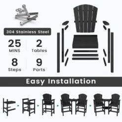 Black HDPE Outdoor Weather-Resistant Bistro Set Bar Stool With Double-Layer Tray And Umbrella Hole (2-Pack) -Jearey jearey outdoor bar stools scltqwgby bk fa 1000