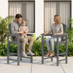 Gray HDPE Outdoor Weather-Resistant Bistro Set Bar Stool With Double-Layer Tray And Umbrella Hole (2-Pack) -Jearey jearey outdoor bar stools scltqwgby gr 31 1000