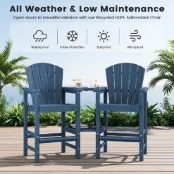 Navy Blue HDPE Outdoor Weather-Resistant Bistro Set Bar Stool With Double-Layer Tray And Umbrella Hole (2-Pack) -Jearey jearey outdoor bar stools scltqwgby na 44 1000