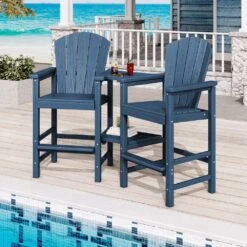 Navy Blue HDPE Outdoor Weather-Resistant Bistro Set Bar Stool With Double-Layer Tray And Umbrella Hole (2-Pack) -Jearey jearey outdoor bar stools scltqwgby na e1 1000