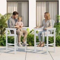 White HDPE Outdoor Weather-Resistant Bistro Set Bar Stool With Double-Layer Tray And Umbrella Hole (2-Pack) -Jearey jearey outdoor bar stools scltqwgby wh 31 1000