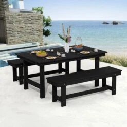 56.3 In. W Outdoor Patio HDPE Plastic All-Weather Resistant Ottoman Backless Dining Bench In Black -Jearey jearey outdoor benches jycd bk 31 1000