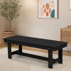 56.3 In. W Outdoor Patio HDPE Plastic All-Weather Resistant Ottoman Backless Dining Bench In Black