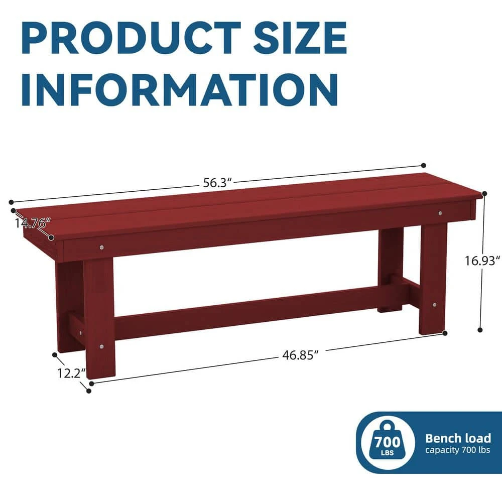56.3 In. W Outdoor Patio HDPE Plastic All-Weather Resistant Ottoman Backless Dining Bench In Dark Red 8 56.3 In. W Outdoor Patio HDPE Plastic All-Weather Resistant Ottoman Backless Dining Bench In Dark Red - Image 8
