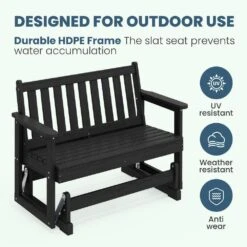 HDPE Black Outdoor Bench, 2 Person Plastic Glider Rocking Chair For Swings Outside Loveseat, For Garden Porch -Jearey jearey outdoor benches sryby bk 44 1000